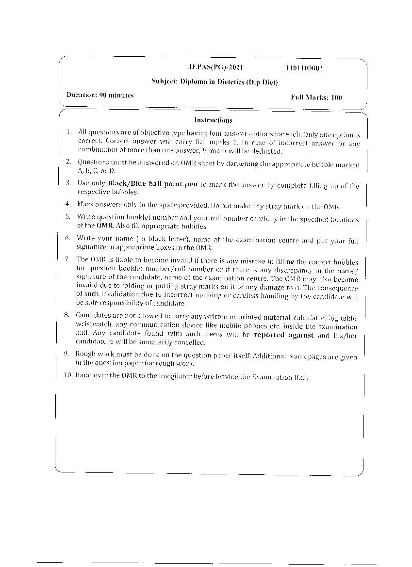 JEMAS PG 2021 Question Paper DIP DIET - Page 1