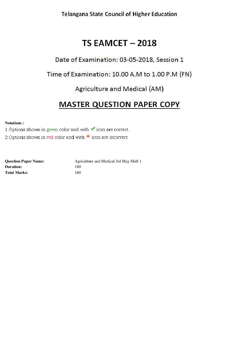 TS EAMCET 2018 Question Paper Agriculture and Medical 3 May Shift 1 - Page 1