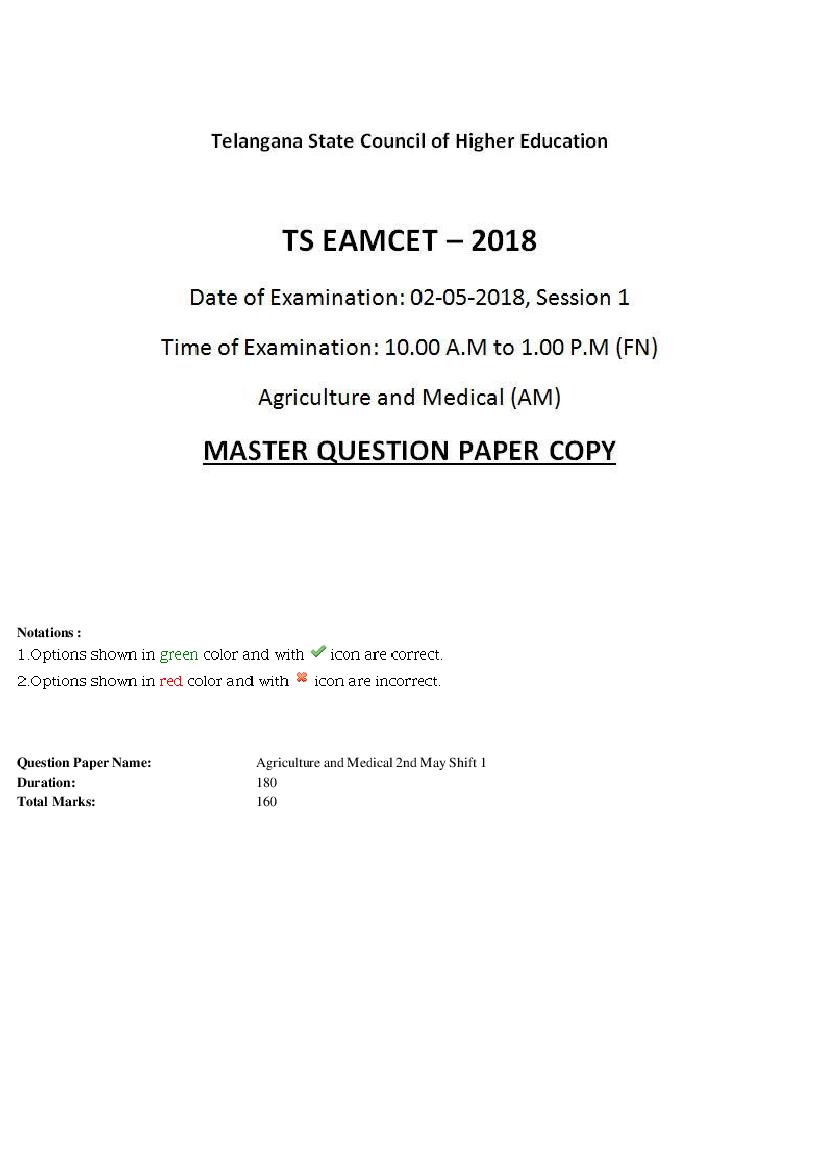 TS EAMCET 2018 Question Paper Agriculture and Medical 2 May Shift 1 - Page 1