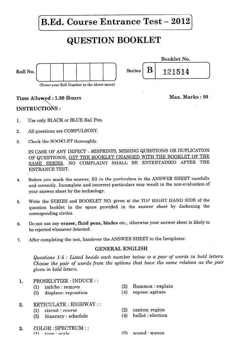 JK B.Ed 2012 Question Paper - Page 1