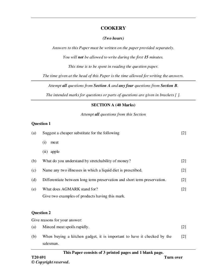 ICSE Class 10 Question Paper 2020 for Cookery - Page 1