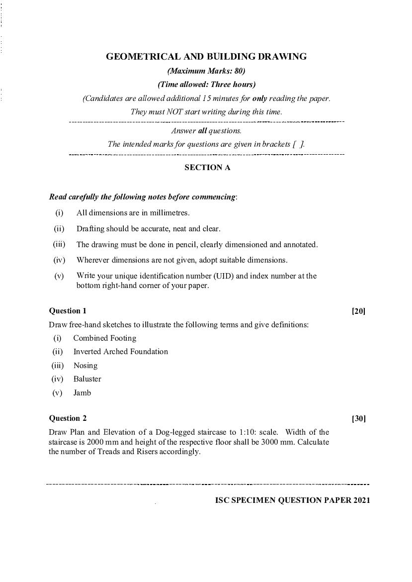 ISC Class 12 Specimen Paper 2021 Geometrical and Building Drawing - Page 1 of 2