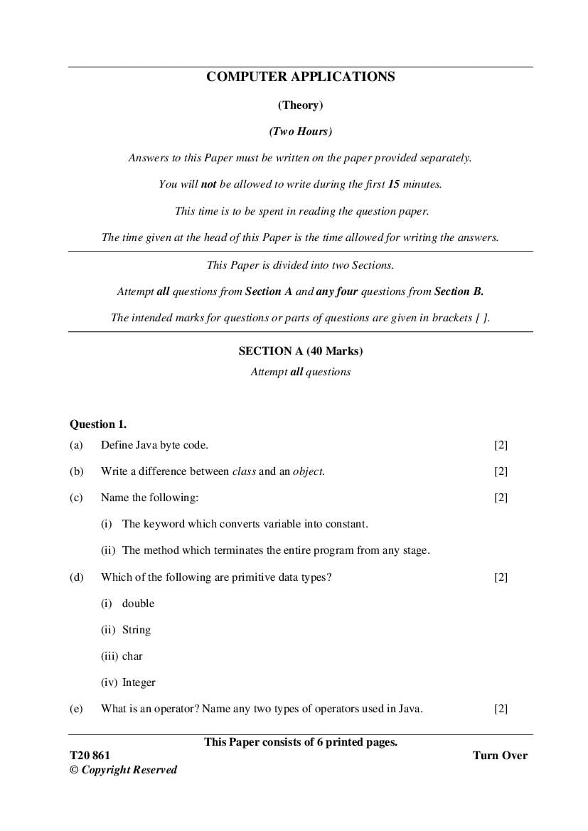 ICSE Class 10 Question Paper 2020 for Computer Applications - Page 1