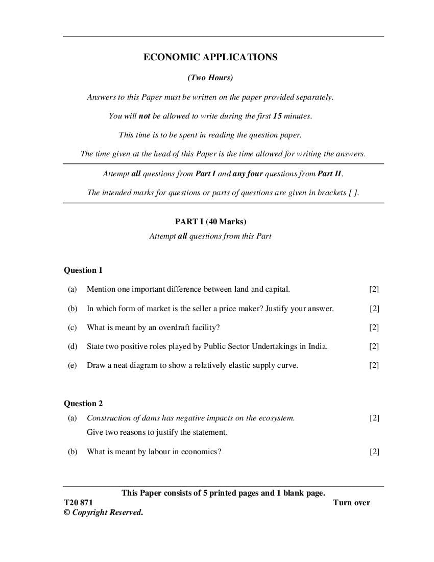ICSE Class 10 Question Paper 2020 for Economic Applications - Page 1