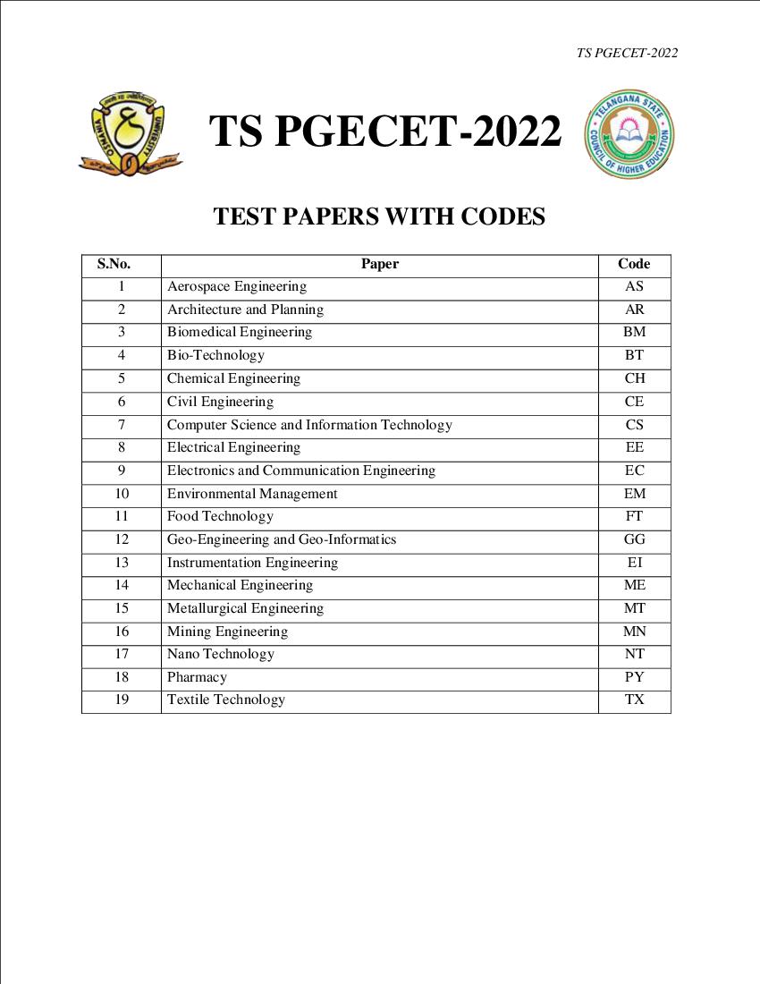 TS PGECET 2022 List of Test Papers - Page 1