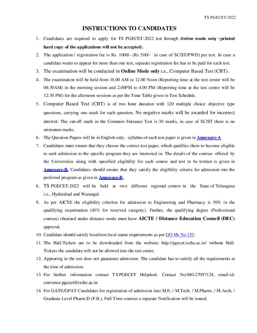 TS PGECET 2022 Instructions to Candidates - Page 1