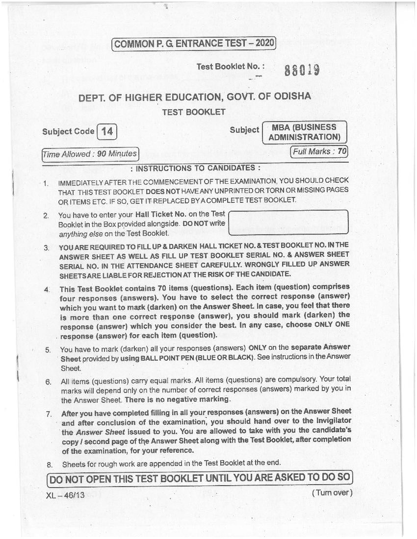 Odisha CPET 2021 Question Paper MBA - Page 1