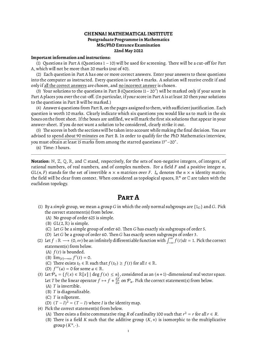 CMI Entrance Exam 2022 Question Paper for M.Sc or Ph.D Mathematics - Page 1