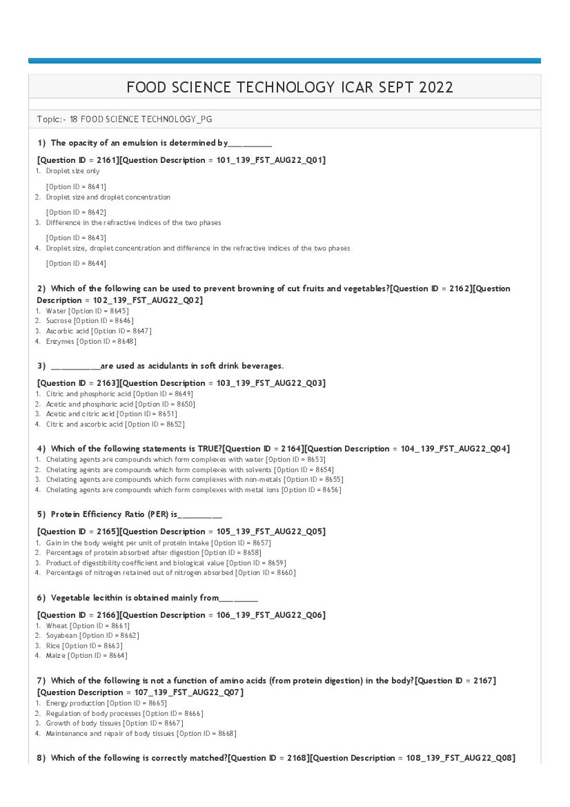 ICAR AIEEA PG 2022 Question Paper Food Science Technology - Page 1