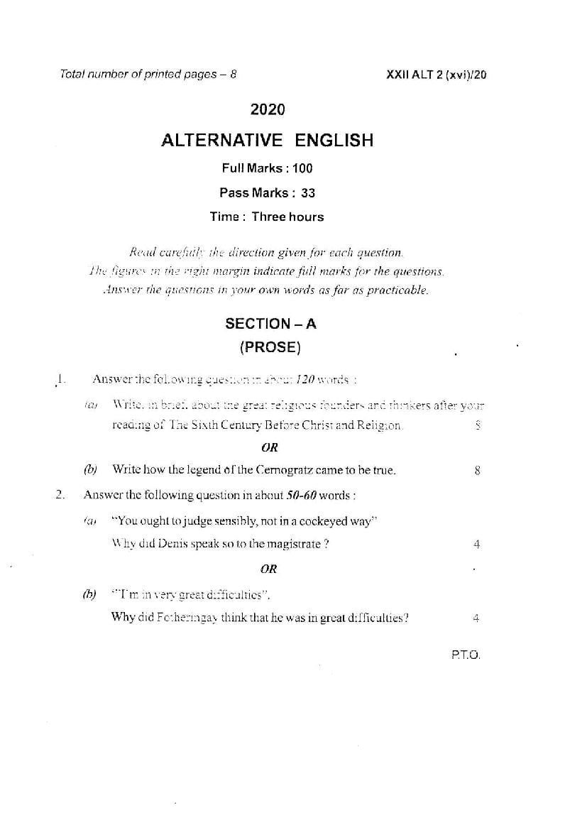 Manipur Board Class 12 Question Paper 2020 for English Alternative - Page 1