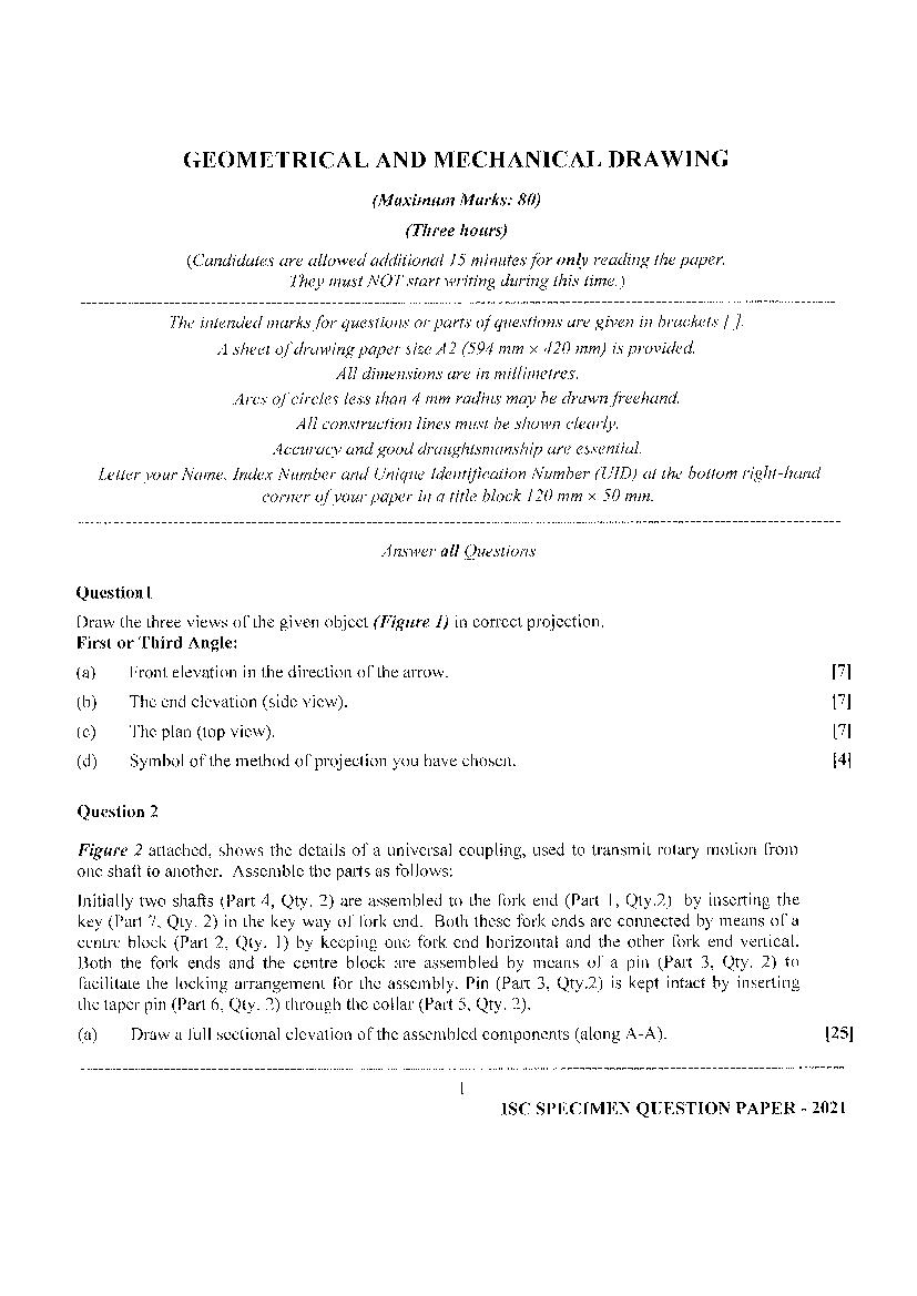 ISC Class 12 Specimen Paper 2021 Geometrical and Mechanical Drawing - Page 1
