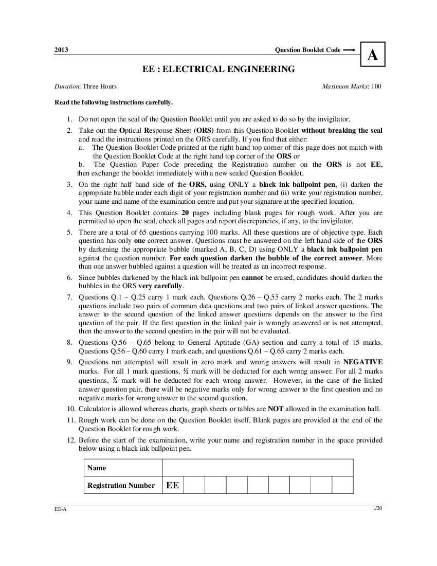 GATE 2013 Question Paper for EE - Electrical Engineering - Page 1