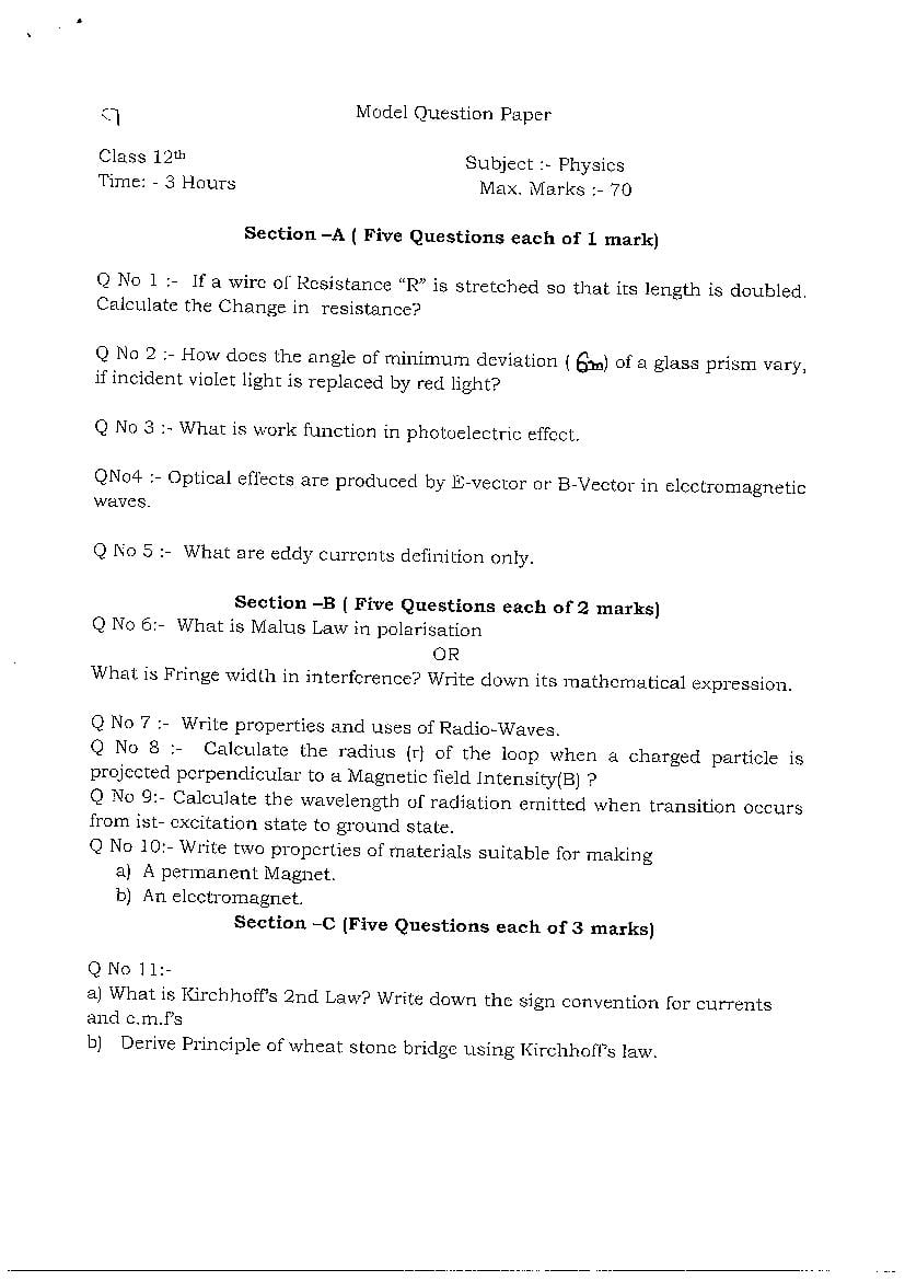 JKBOSE Class 12 Model Question Paper for Physics - Page 1