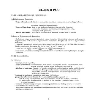 2nd PUC Syllabus for Mathematics
