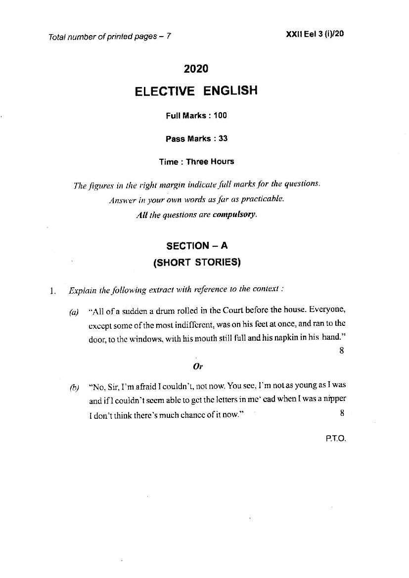 Manipur Board Class 12 Question Paper 2020 for English Elective - Page 1