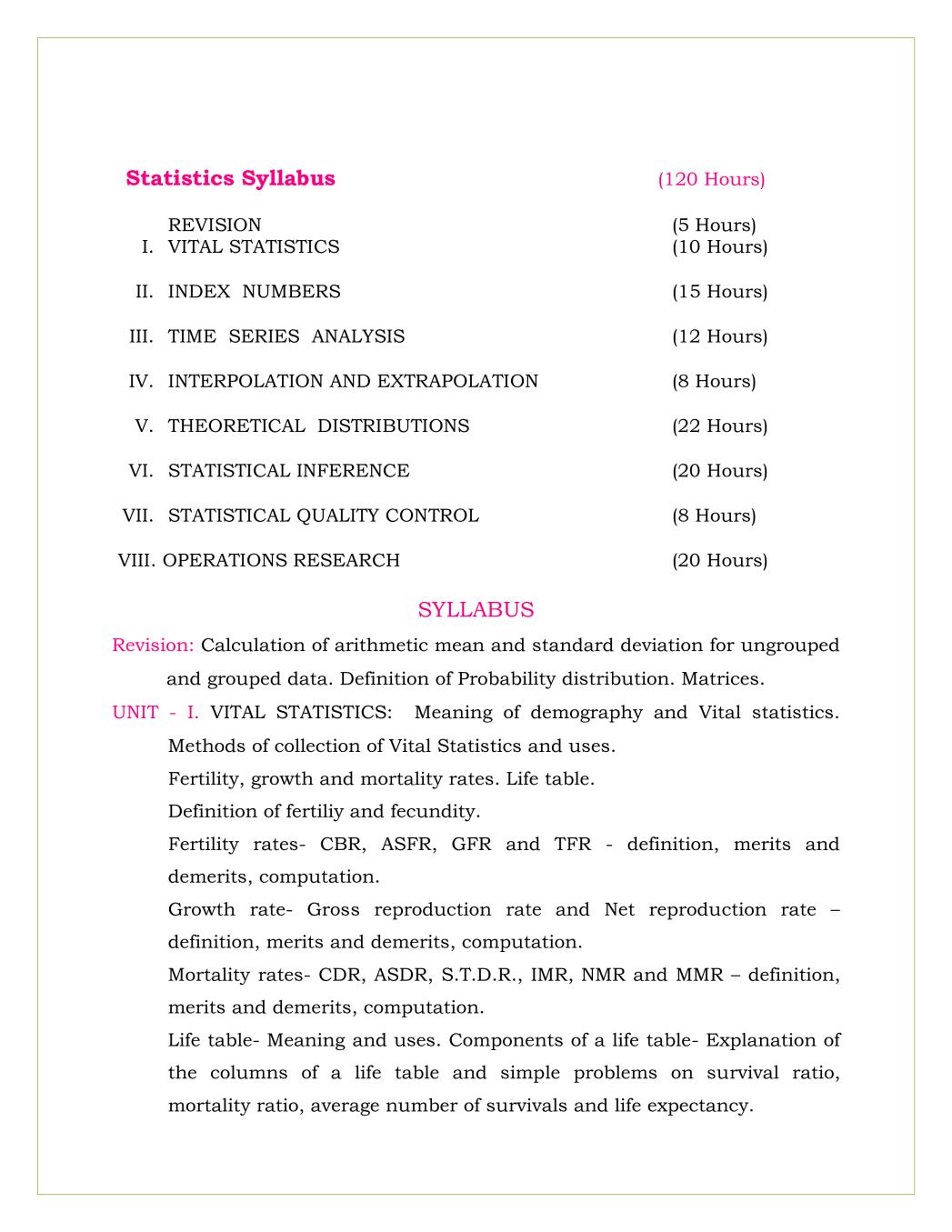 2nd PUC Syllabus for Statistics - Page 1