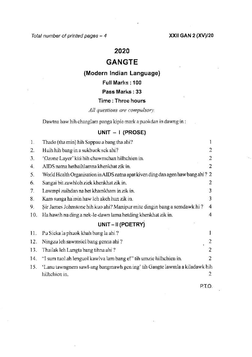 Manipur Board Class 12 Question Paper 2020 for Gangte - Page 1