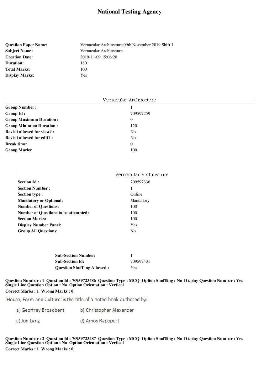 SWAYAM 2019 Question Paper Vernacular Architecture - Page 1 of 18