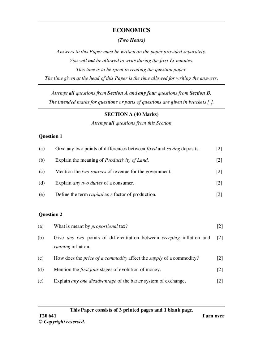 ICSE Class 10 Question Paper 2020 for Economics - Page 1