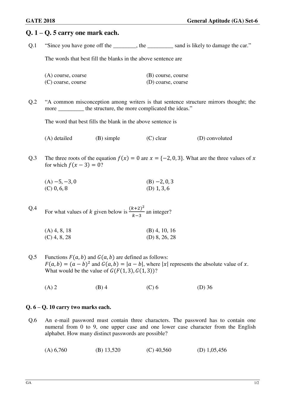 GATE 2018 Electrical Engineering (EE) Question Paper with Answer - Page 1