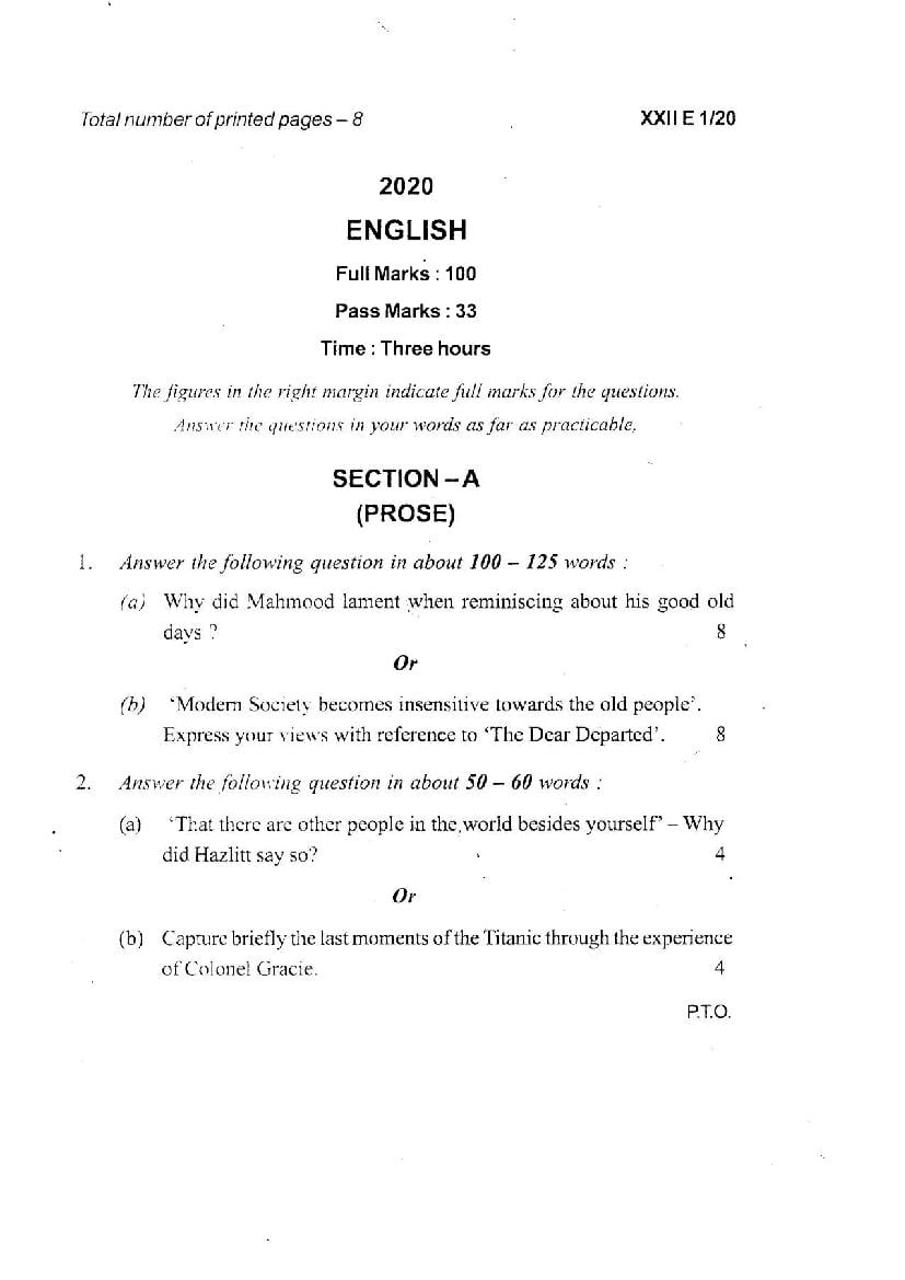 Manipur Board Class 12 Question Paper 2020 for English - Page 1