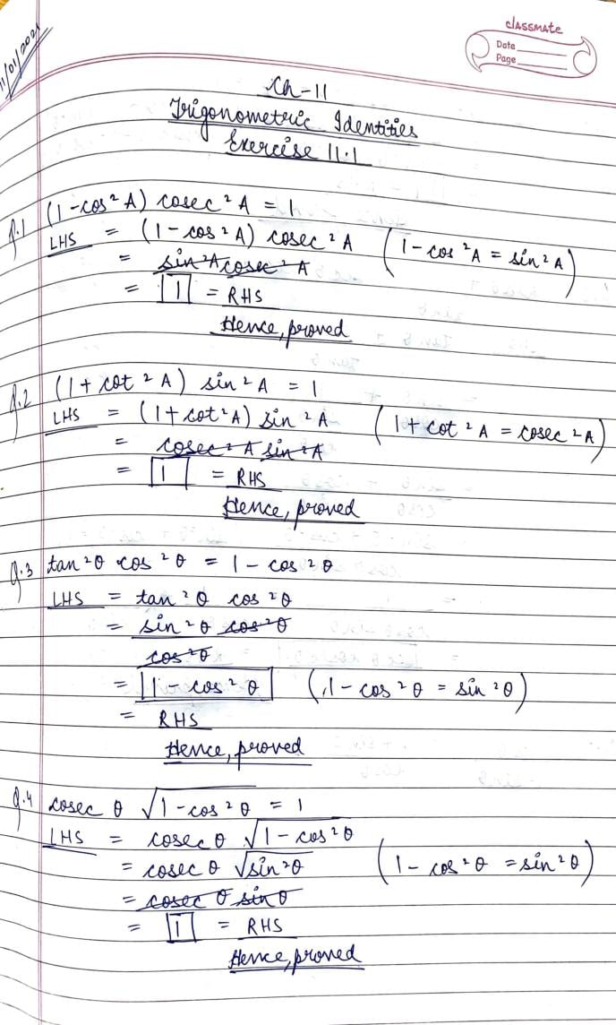 RD Sharma Solutions Class 10 Chapter 11 Trigonometric Identities Exercise 11.1 - Page 1