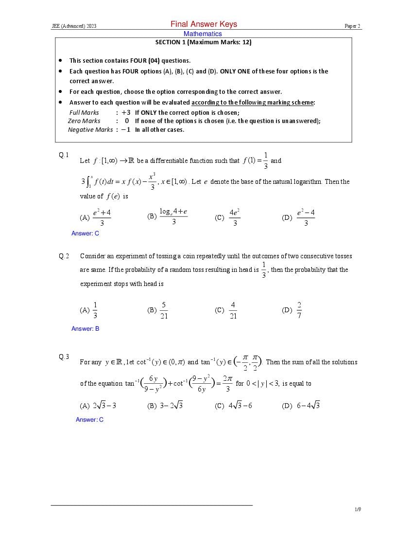 JEE Advanced 2023 Answer Key Paper 2 (Final) - Page 1
