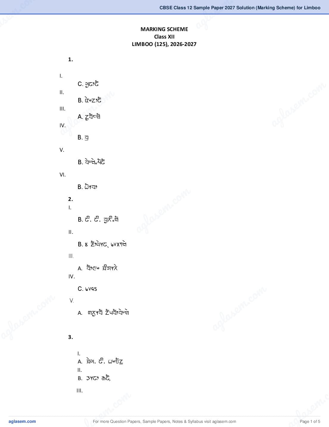 CBSE Class 12 Sample Paper 2027 Solution (Marking Scheme) for Limboo - Page 1 of 5