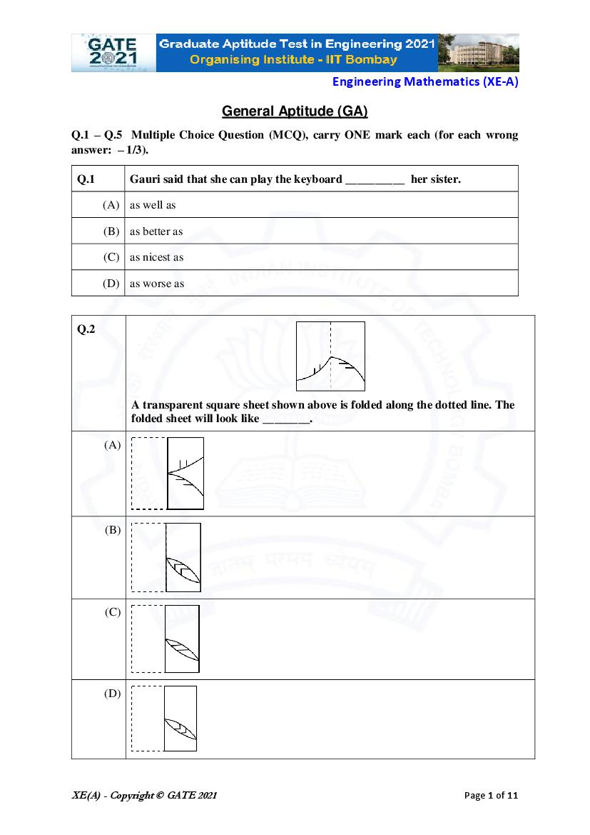 GATE 2021 Question Paper XE A Engineering Sciences - Engineering Mathematics - Page 1