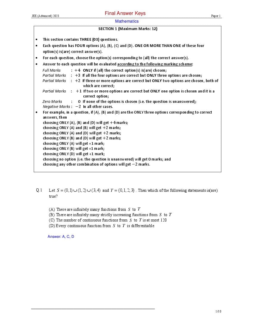 JEE Advanced 2023 Answer Key Paper 1 (Final) - Page 1