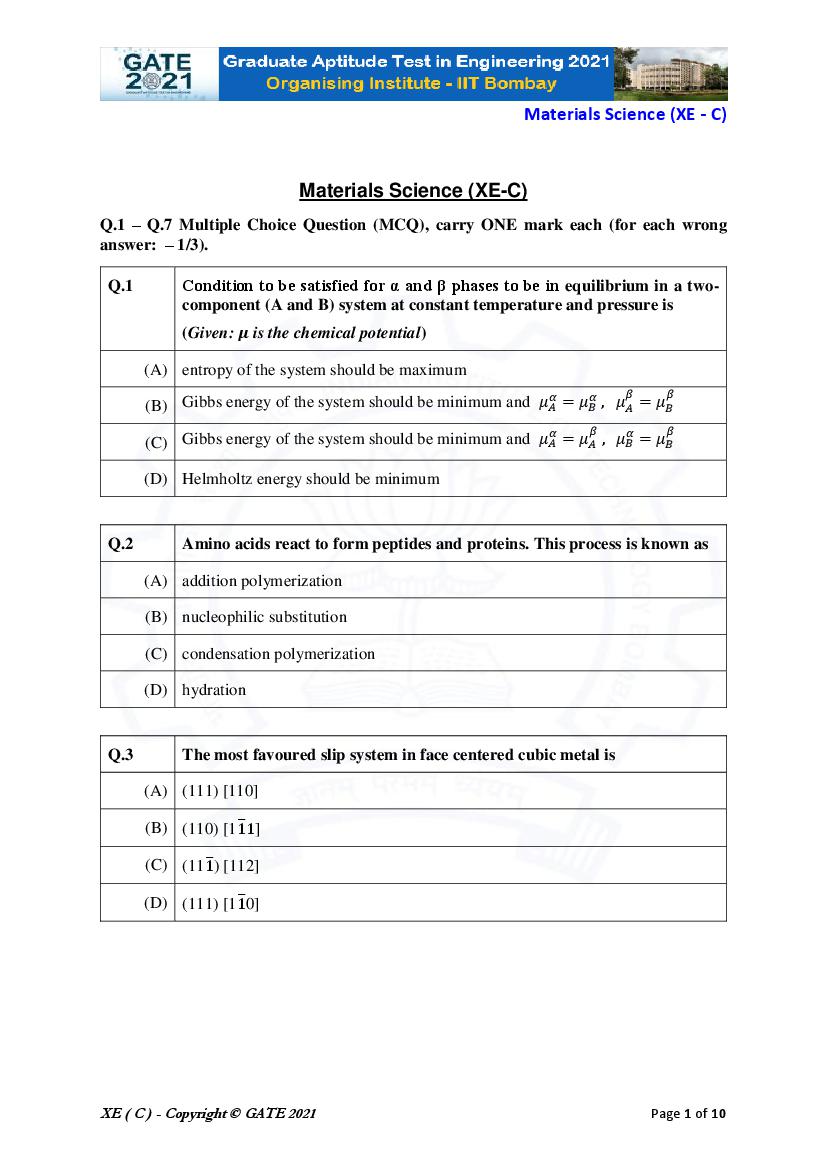 GATE 2021 Question Paper XE C Engineering Sciences - Materials Science - Page 1