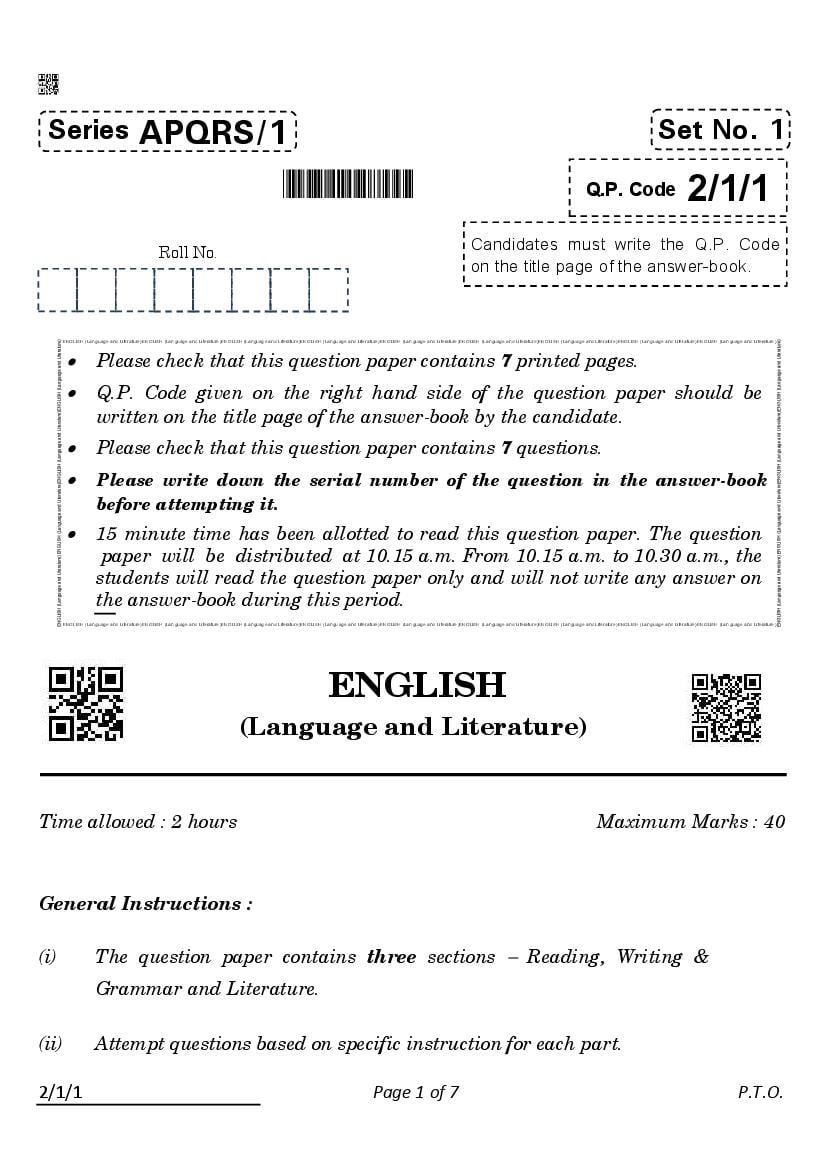 CBSE Class 10 Question Paper 2022 English (Solved) - Page 1