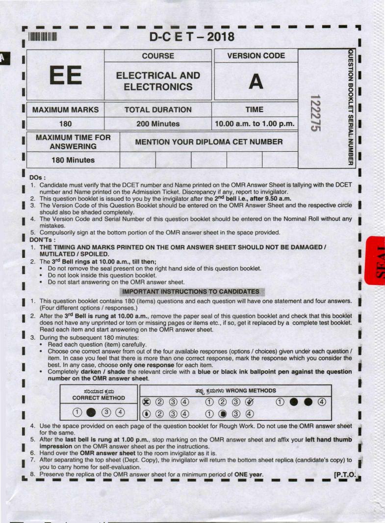 Karnataka Diploma CET 2018 Question Paper Electrical and Electronics Engineering - Page 1