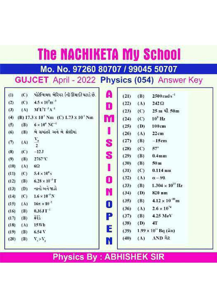 GUJCET 2022 Answer Key Physics by The Nachiketa My School - Page 1