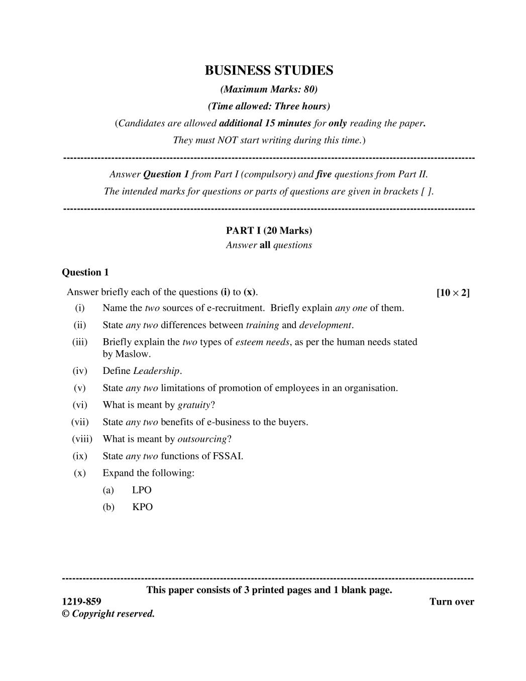 ISC Class 12 Specimen Paper 2019 for Business Studies - Page 1