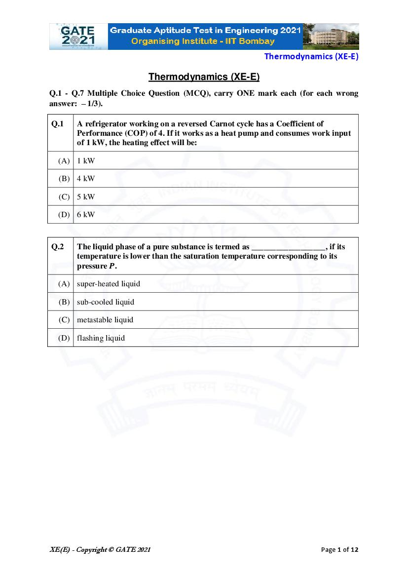 GATE 2021 Question Paper XE E Engineering Sciences - Thermodynamics - Page 1
