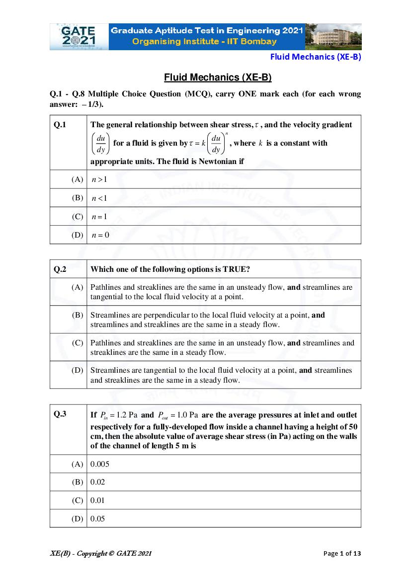GATE 2021 Question Paper XE B Engineering Sciences - Fluid Mechanics - Page 1