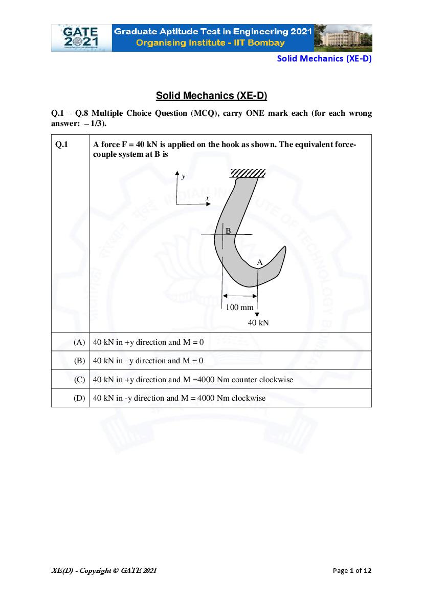 GATE 2021 Question Paper XE D Engineering Sciences - Solid Mechanics - Page 1