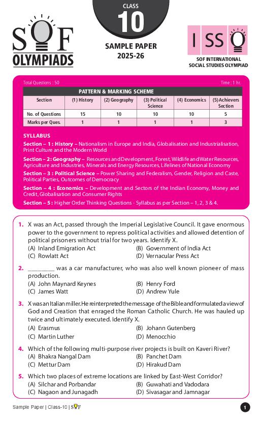 SOF ISSO Sample Paper 2026 Class 10 - Page 1