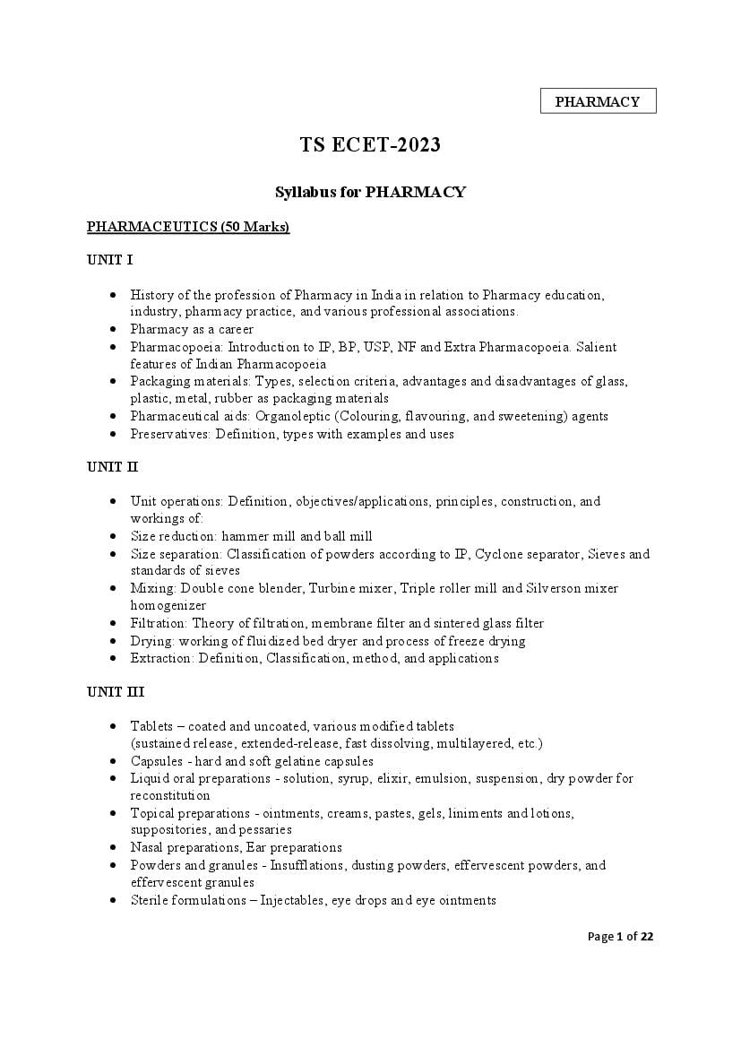 TS ECET 2023 Syllabus Pharmacy - Page 1