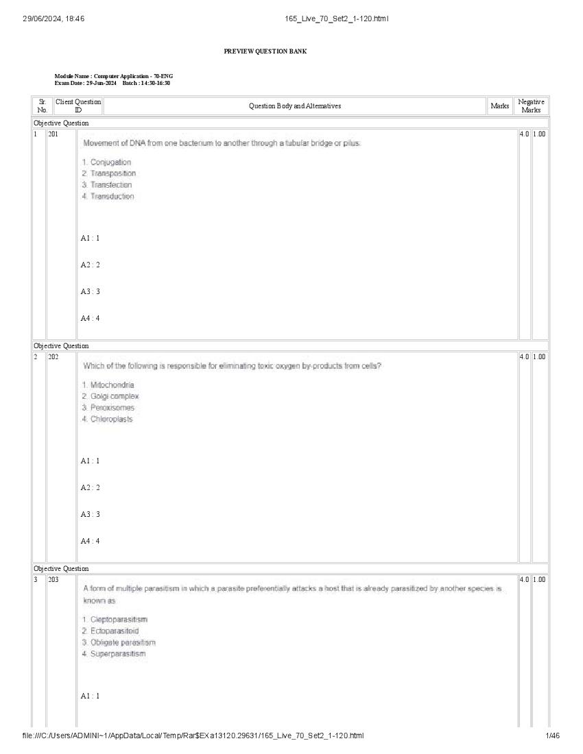 ICAR AICE JRF SRF (Ph.D) 2024 Question Paper Computer Application - Page 1 of 46