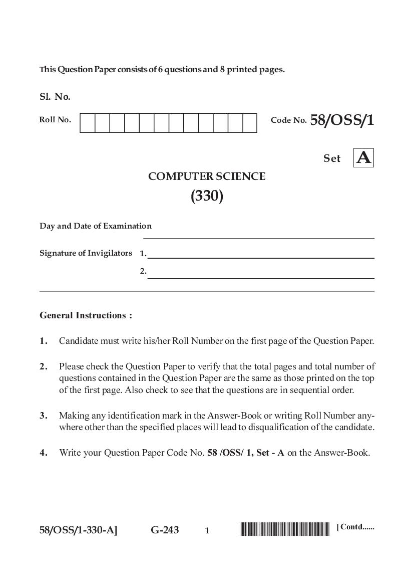 NIOS Class 12 Question Paper Apr 2019 - Computer Science - Page 1