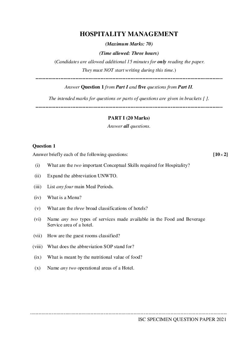 ISC Class 12 Specimen Paper 2021 Hospitality Management - Page 1 of 3