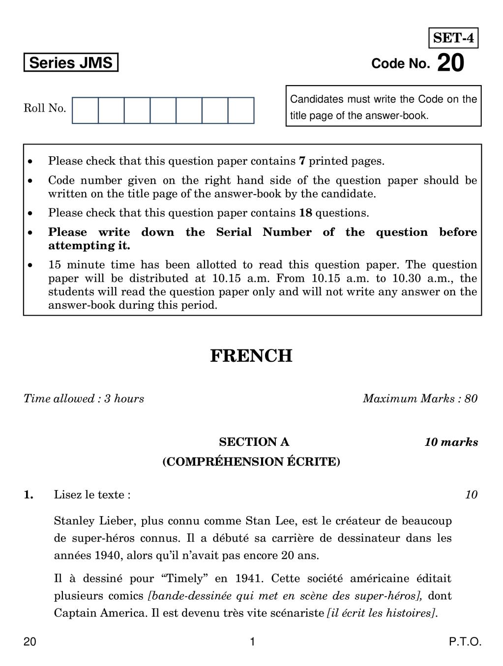 CBSE Class 10 French Question Paper 2019 - Page 1
