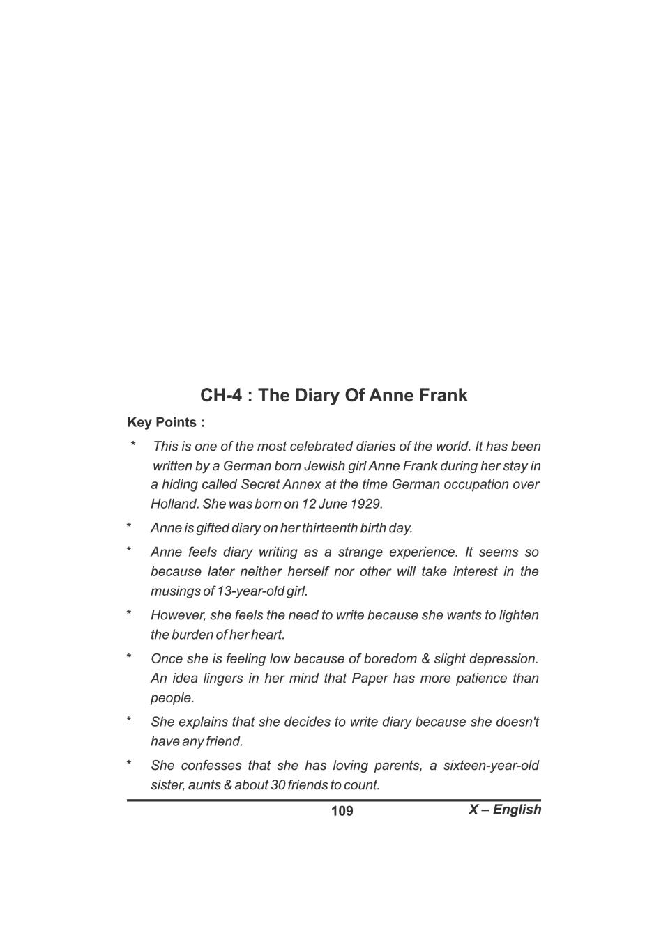 the diary of anne frank class 10 notes