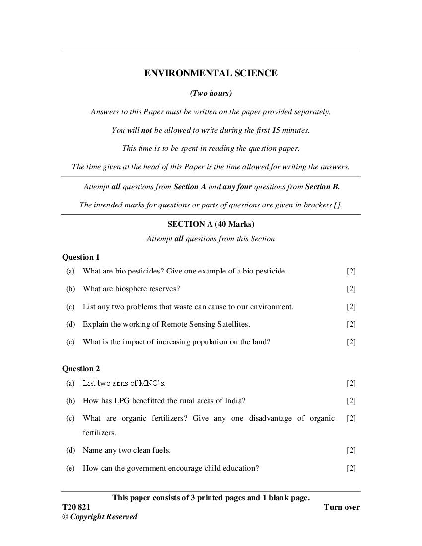 ICSE Class 10 Question Paper 2020 for Environmental Science - Page 1