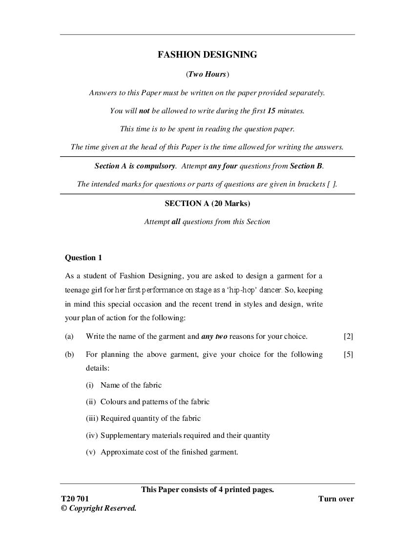 ICSE Class 10 Question Paper 2020 for Fashion Designing - Page 1