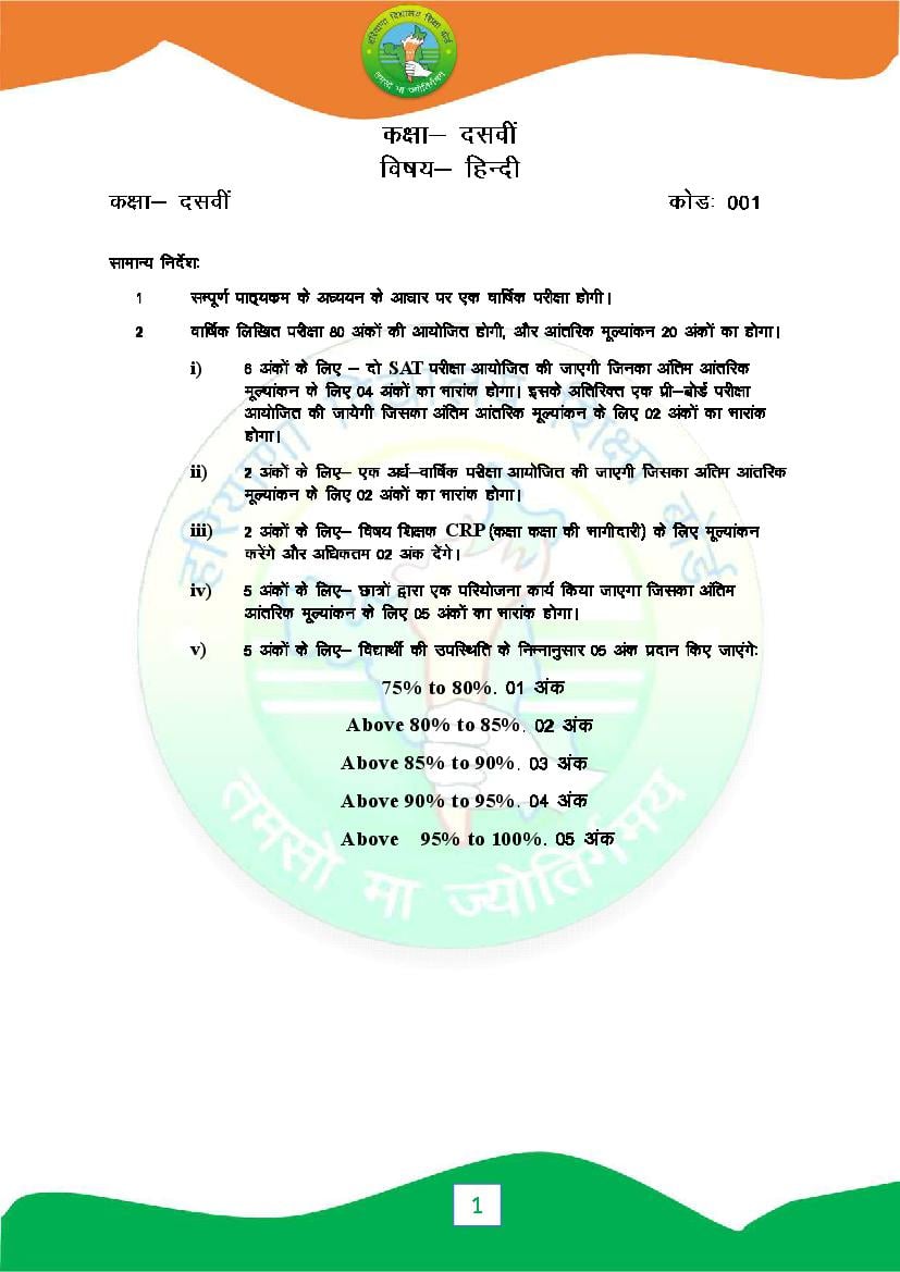 HBSE Class 10 Syllabus 2024 Hindi - Page 1