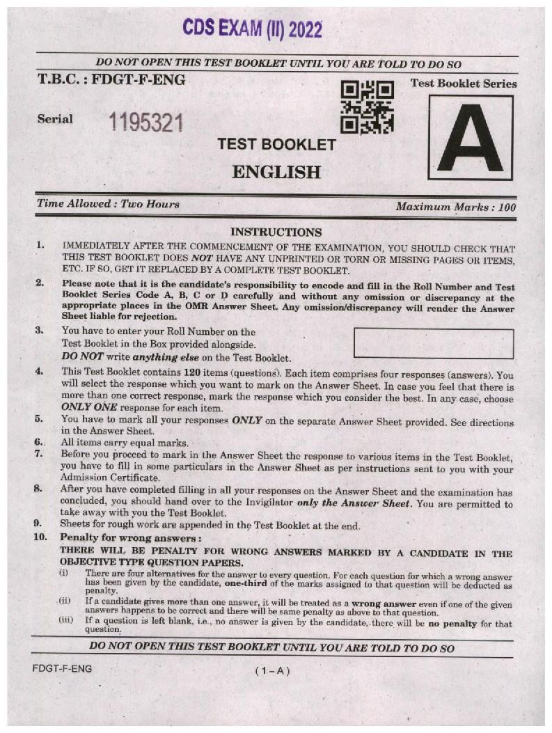 UPSC CDS (II) 2022 Question Paper English  - Page 1