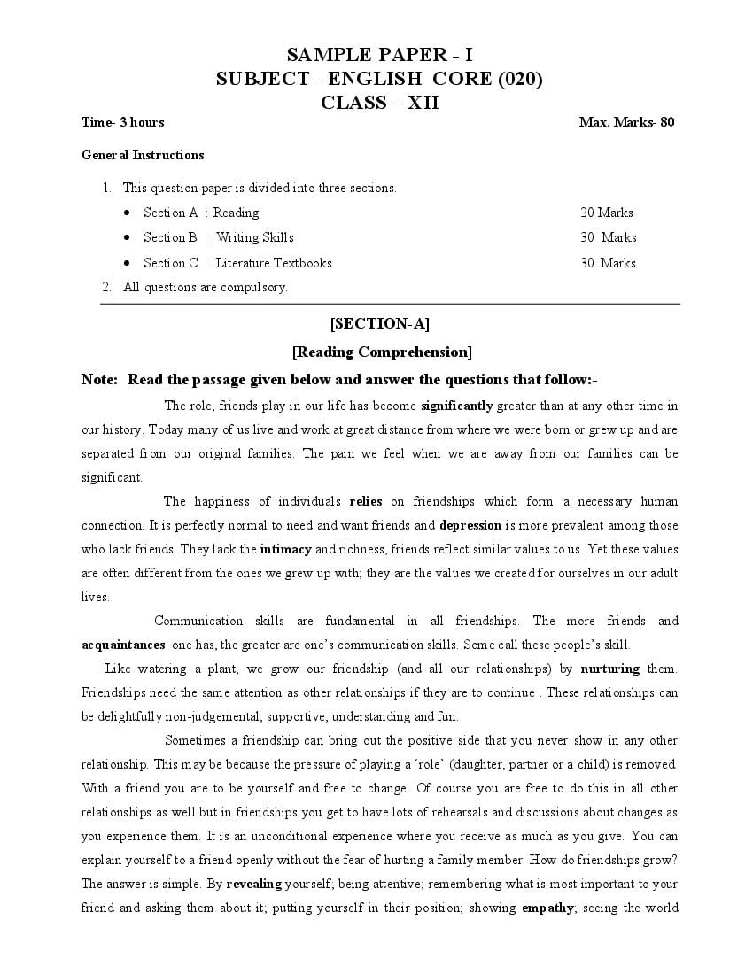 CG Board 12th Sample Paper 2020 English - Page 1